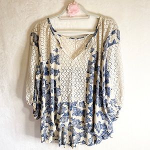 Free People Floral Peasant Top, 3/4 Sleeves, Classic Blue Floral, Small
